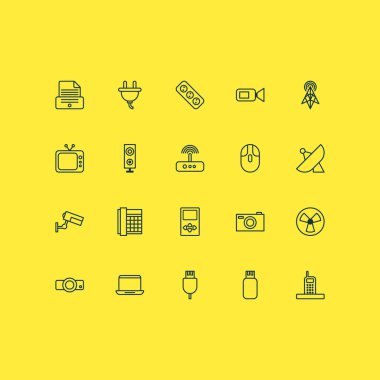 Donanım simgeleri soket, yazıcı, sunum ve diğer anahtar öğeleri ile ayarlayın. İzole vektör çizim donanım simgeleri.