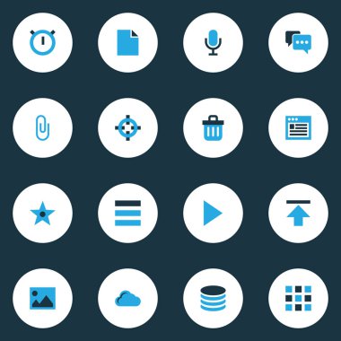 Arabirimi renkli simgeler klasör, klip, ikinci metre ve diğer zamanlama öğeleri ile ayarlayın. İzole vektör çizim arayüzü simgeler.