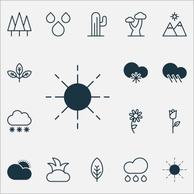 Doğa Icons Set güneşli hava, peyzaj, Bush sevgi çiçek öğeleri ile. İzole vektör çizim doğa simgeler.