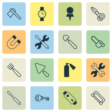 Enstrüman kutsal kişilerin resmi Bahçe çatal, cazibe, zamanlayıcı ve diğer dönüş ile vida öğeleri ayarlayın. İzole vektör resim alet simgeler.