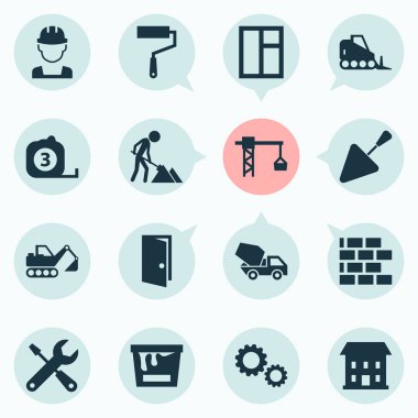 İnşaat simgeler traktör, karikatür, cam çerçeve ve diğer kaldırma kanca öğeleri ile ayarlayın. İzole vektör illüstrasyon inşaat simgeler.