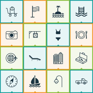 Seyahat simgeler süsleme izle, otel, araç araba ve diğer sokak lâmbası direği öğeleri ile ayarlayın. İzole vektör illüstrasyon seyahat simgeler.