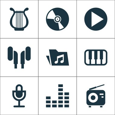 Müzik simgeleri dosyası, Octave, Cd ve diğer kulaklık öğeleri ile ayarlayın. İzole vektör illüstrasyon müzik simgeleri.
