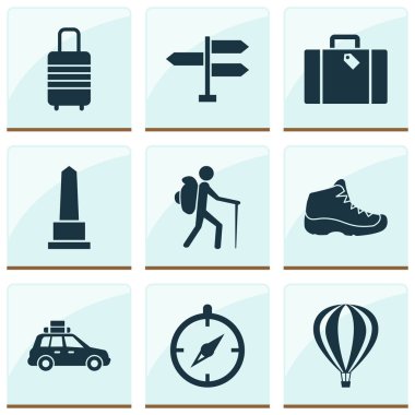 Keşif Icons Set pikap, çanta, Landmark Sneaker öğeleri ile. İzole vektör illüstrasyon keşif simgeler.