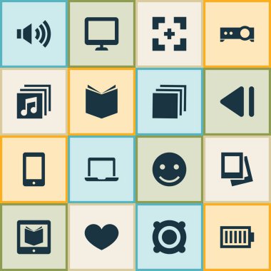 Medya Icons Set grubu, E-okuyucu, cep telefonu ve diğer cep telefonu öğeleri. İzole vektör çizim Medya simgeler.