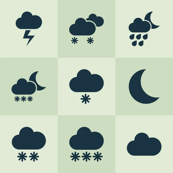 Климатические иконы с подснежником, снегопадом, освещением и другими ночными стихиями. Изолированные векторные иконки климата . — стоковый вектор
