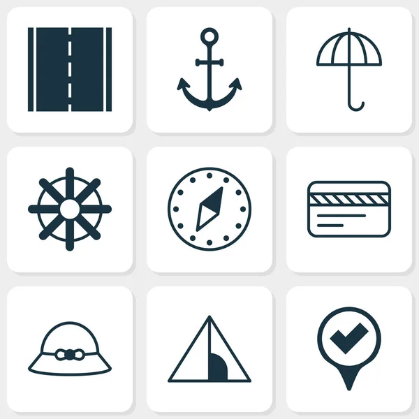 Иконы с банковской картой, домом, Джингэмом и другими элементами рулевого колеса. Изолированные векторные иконки туризма . — стоковый вектор