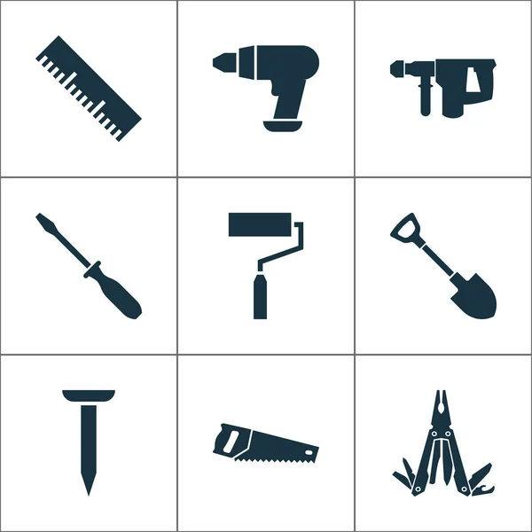 Handwerkzeuge Icons Set mit Graben, Lineal, multifunktionale Tasche und andere Handsägeelemente. Isolierte Vektor Illustration Handwerkzeuge Symbole. — Stockvektor