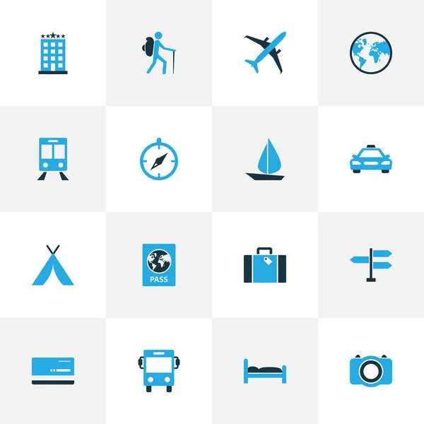 Exploratie kleurrijke Icons Set met paspoort, toeristische, Tent en andere foto apparaat elementen. Geïsoleerde Vector Illustratie exploratie pictogrammen. — Stockvector