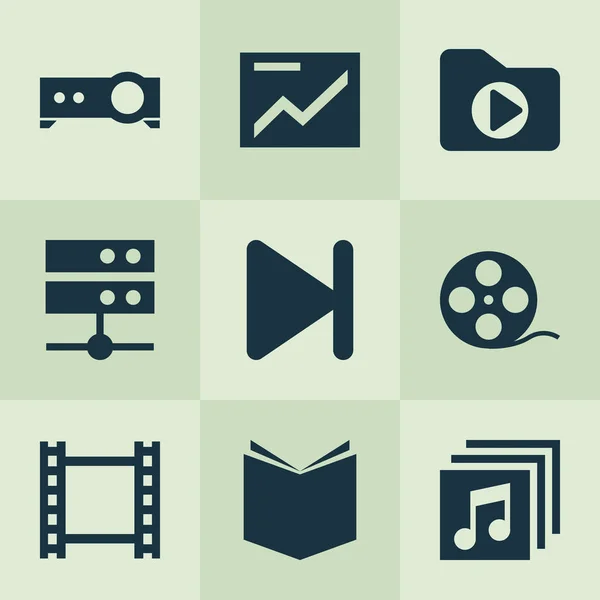 Icone multimediali con pellicola, pellicola, datacenter e altri elementi cinematografici. Isolato vettoriale Illustrazione Icone multimediali . — Vettoriale Stock
