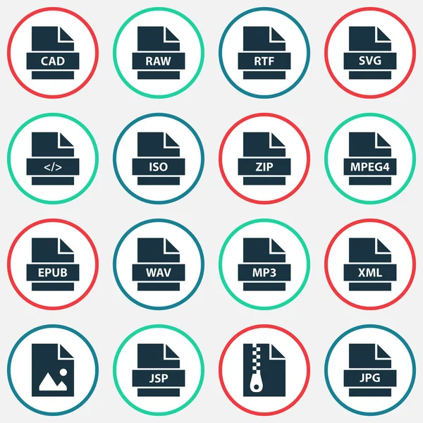 Typen Icons Set met Svg-, Xml-, Mp4- en andere elementen van de foto. Geïsoleerde Vector Illustratie typen pictogrammen. — Stockvector