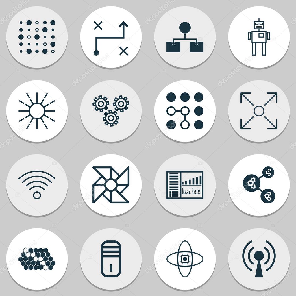 Machine Icons Set With Solution, Cyborg, Wireless Communications And Other Lightness Mode Elements. Isolated Vector Illustration Machine Icons.