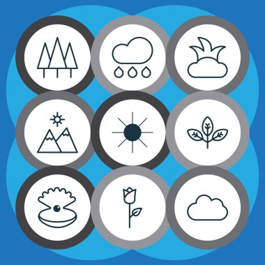 Uyum Icons set deniz kabuğu, peyzaj, orman güneş öğeleri ile. İzole vektör çizim uyum simgeler.