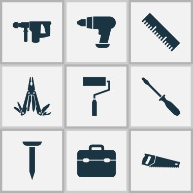 Simgeler koymak çok fonksiyonlu cep, boya, el testeresi el testeresi öğeleri ile onarmak. İzole vektör çizim onarım simgeler.