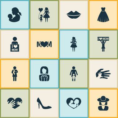 Anneler günü simgesi tasarım konsepti. 16 tane gibi öğeleri eller, ilişkiler, gece elbisesi ayarlayın. Bayan, Ayakkabı ve şapka için güzel sembolleri.