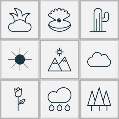 Ekoloji simgeler deniz kabuğu, yağmur, orman ve diğer aşk çiçek öğeleri ile ayarlayın. İzole vektör çizim ekoloji simgeler.