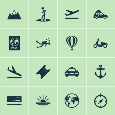 Keşif Icons set ile varış, scooter, gezegen ve diğer kupon öğeleri ile. İzole vektör illüstrasyon keşif simgeler.