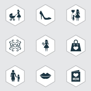 Anneler günü simgesi tasarım konsepti. Stiletto, kadın ve bebek arabası 9 gibi öğeleri kümesi. Çiçek, buket ve bebek için güzel sembolleri.