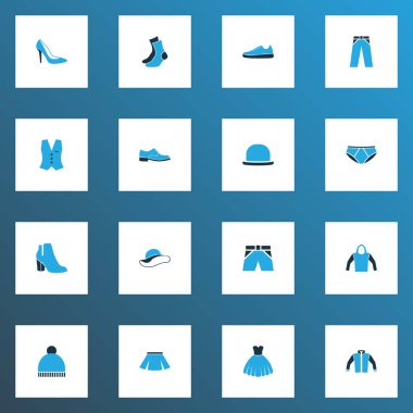 Elbise renkli simgeler panama, yelek, etek ve diğer kadın botları öğeleri ile ayarlayın. İzole vektör çizim elbise simgeler.