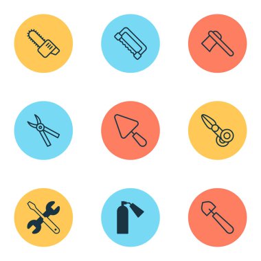Ekipman simgeler marangozluk, benzin kesici, kesme makineleri ve diğer benzin kesici öğeleri ile ayarlayın. İzole vektör çizim ekipmanları simgeler.