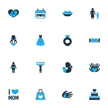 Anneler günü renkli simge tasarım konsepti. Bebek, dudaklar ve çocuk 16 gibi öğeleri kümesi. Dudaklar, mum ve aşk için güzel sembolleri.