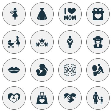 Anneler günü simgesi tasarım konsepti. Paket, duygu, eller 16 gibi öğeleri kümesi. Bebek arabası, Bebek ve ağız için güzel sembolleri.