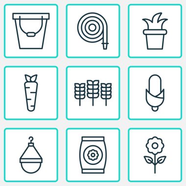 Çiftlik Icons set ile kova, Mısır, gübre ve diğer gübre öğeleri ile. İzole vektör çizim çiftlik simgeler.