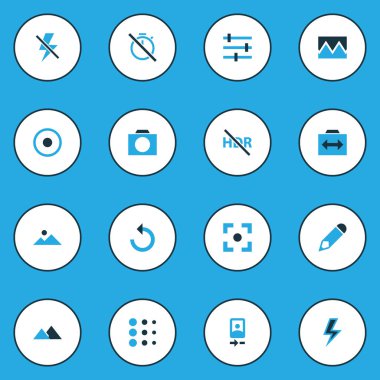 Resim renkli simgeler ile döndürme ayarla yaptı, yakalama, filtrasyon ve diğer filtrasyon öğeleri. İzole vektör çizim resim simgeleri.
