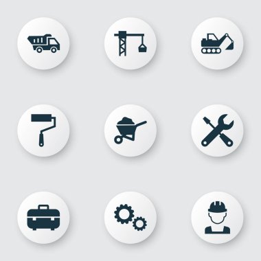 Simgeler mühendis, karikatür, ekipman ve diğer kazıcı öğeleri ile binada. Simgeler bina izole vektör çizim.