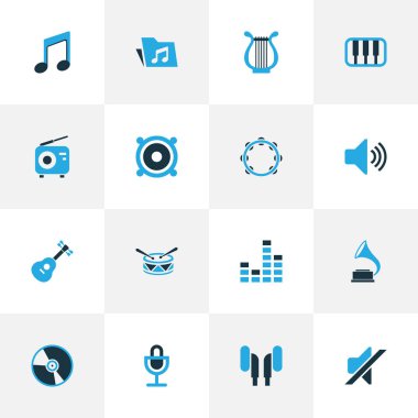 Ses renkli simgeler hoparlör, klasör, kulaklık ve diğer gitar öğeleri ile ayarlayın. İzole vektör çizim ses simgeler.