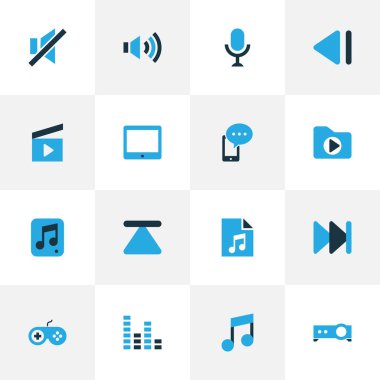 Müzik renkli simgeler dosya, sinema bel soğukluğu, gamepad ve diğer dosya öğeleri ile ayarlayın. İzole vektör illüstrasyon müzik simgeleri.