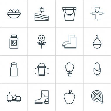 Çiftlik Icons set ile jonagold, yumurta, agrimotor ve diğer ahşap öğeleri ile. İzole vektör çizim çiftlik simgeler.