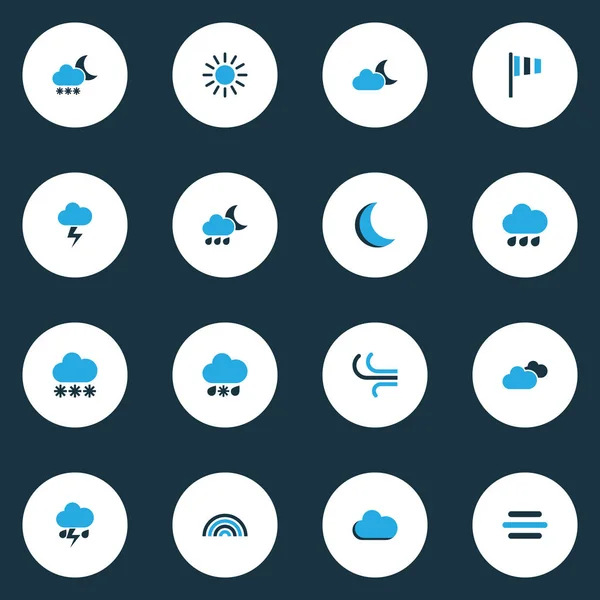 Clima iconos coloridos establecidos con lluvia, brisa, relámpagos y otros elementos soleados. Iconos de clima de ilustración vectorial aislado . — Archivo Imágenes Vectoriales