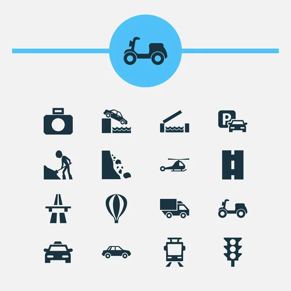 交通图标设置与红绿灯, 方式, 路面电车和其他路面电车元素。隔离矢量图示运输图标. — 图库矢量图片