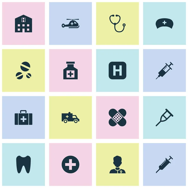 Icone medicinali con cappuccio, ospedale, dispositivo e altri elementi del bus. Isolate icone di illustrazione vettoriale medicina . — Vettoriale Stock