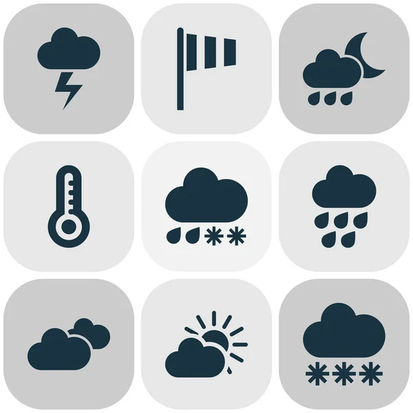 Ícones de ar com granizo, pôr do sol, temperatura e outros elementos do pôr do sol. Isolado vetor ilustração ícones de ar . — Vetor de Stock