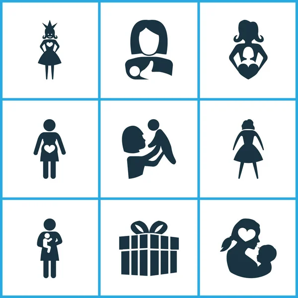 Matek dzień ikona koncepcja. Zestaw 9 takich elementów jak Niania, Kobieta i ciąży. Piękne symbole dla kobiety, księżniczka i Pani. — Wektor stockowy