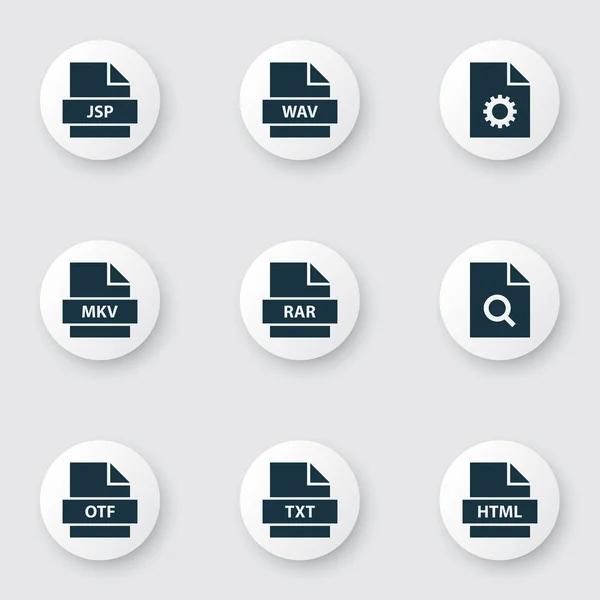 Typów ikony Ustaw z folio, multimedia, audio i innych elementów tekstowych. Ilustracja na białym tle wektora wpisze ikony. — Wektor stockowy