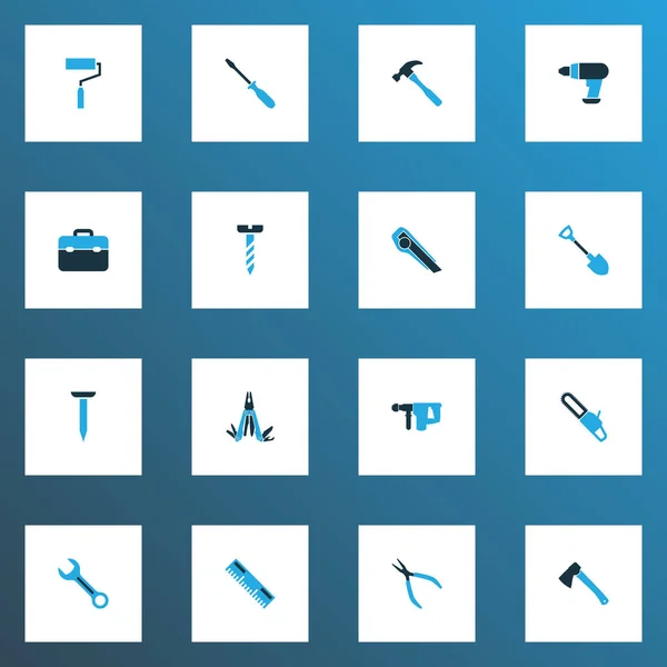 Handwerkzeuge bunte Symbole mit Rundzange, Axt, Werkzeug und anderen Schlüsselelementen. Isolierte Vektor Illustration Handwerkzeuge Symbole. — Stockvektor