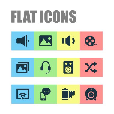 Multimedia Icons set hoparlör, resim, mobil içerik ve diğer yayın elemanları ile. İzole vektör çizim Multimedya simgeler.
