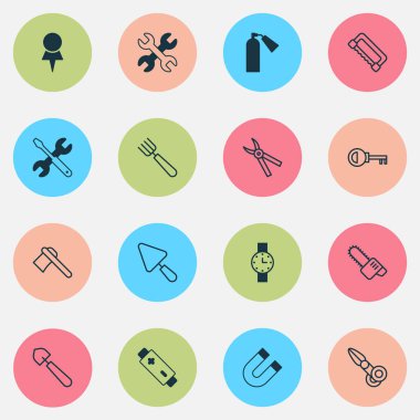 Cihaz simgeleri tomahawk, Bahçe çatal, macun ve diğer benzin kesici öğeleri ile ayarlayın. İzole vektör çizim cihazları simgeler.