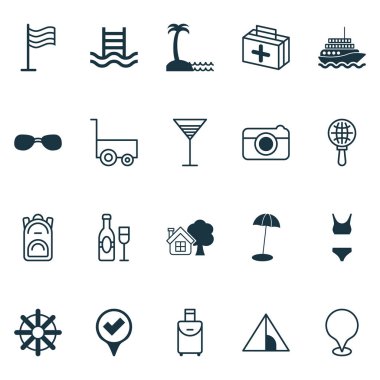 Turizm simgeler yat, kamp evi, direksiyon simidi ve diğer ada plaj öğeleri ile ayarlayın. İzole vektör çizim turizm simgeler.