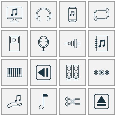 Not ile ayarla müzik simgeleri bağış, görüntülemek, liste ve diğer nota anahtarı öğeleri ayarlamak. İzole vektör illüstrasyon müzik simgeleri.