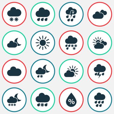 Hava simgeleri kar yağışı, nem, ay ışığı ve diğer güneş öğeleri ile ayarlayın. İzole vektör çizim hava simgeleri.