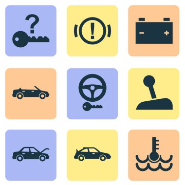 Otomatik simgeler, akümülatör, sopa ve diğer uyarı öğeleri sabitleme ile ayarlayın. İzole vektör çizim otomatik simgeler.