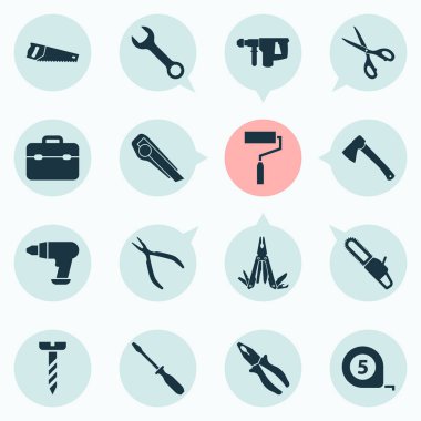 Araçlar simgeler testere, çok fonksiyonlu cep, çekiç ve diğer vida öğeleri ile ayarlayın. İzole vektör çizim araçları simgeler.