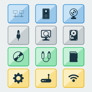 Bilgisayar simgeleri örümcek ağı fotoğraf makinesi, bellek kartı, yönlendirici ve diğer aux kablosu öğeleri ile ayarlayın. İzole vektör çizim bilgisayar simgeler.
