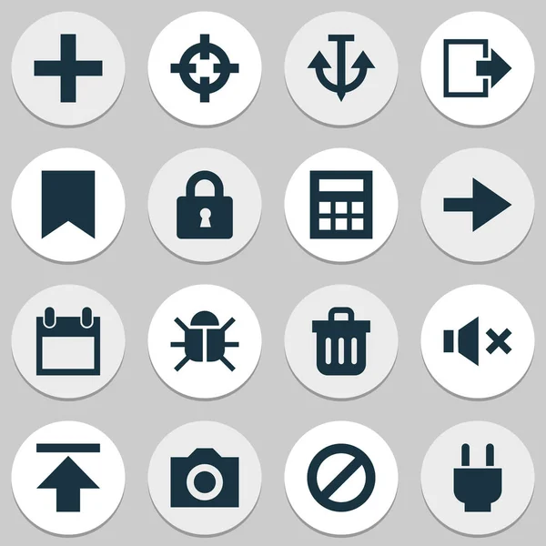 Icone di interfaccia impostate con uscita, armatura, cestino e altri elementi della data. Isolate icone dell'interfaccia di illustrazione vettoriale . — Vettoriale Stock