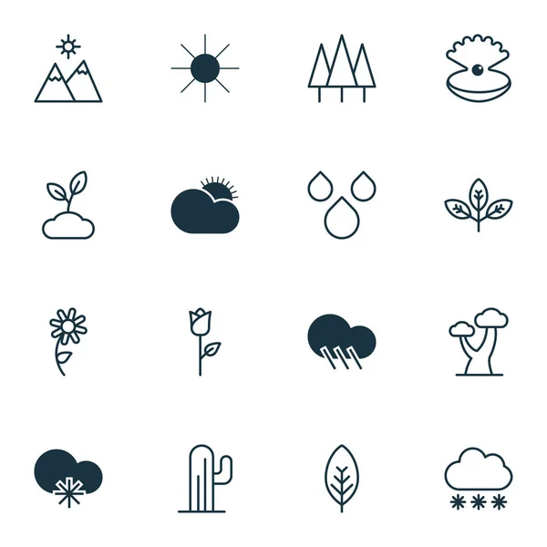 Iconos de paisaje con hojas de árboles, gotas de lluvia, clima frío y otros elementos de cactus. Iconos de paisaje de ilustración vectorial aislado . — Vector de stock