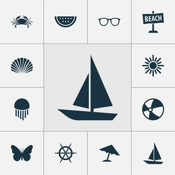 Conjunto de iconos de temporada con rueda, gafas, monarca y otros elementos de caracola. Iconos de temporada de ilustración vectorial aislado . — Archivo Imágenes Vectoriales